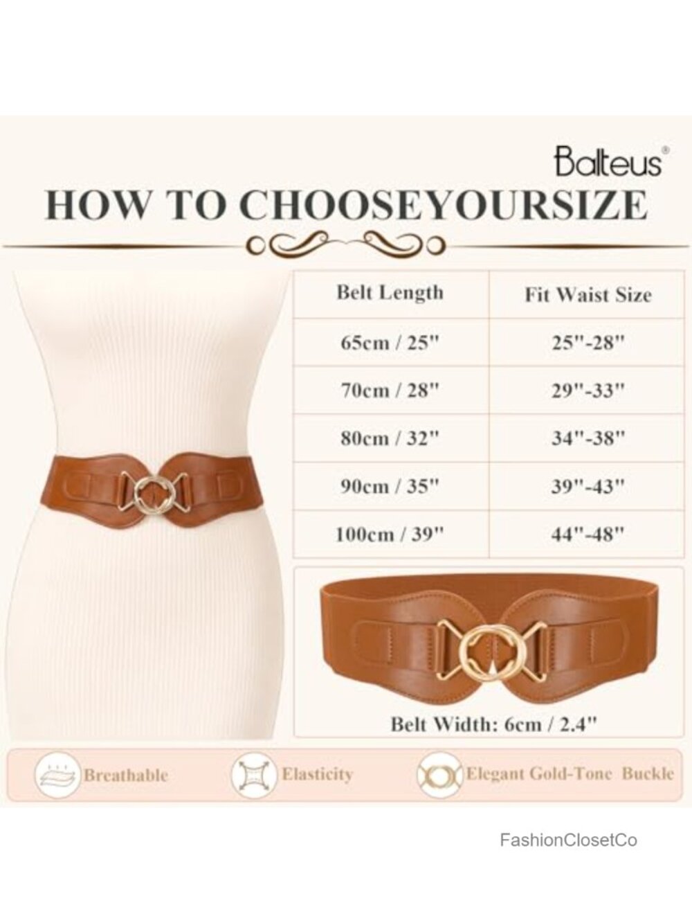 Wide Waist Belt for Dresses Stretchy Woven Elastic Gold-Tone Buckle Office - Picture 5 of 6